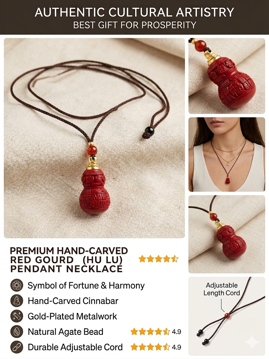 Cinnabar Fu Gourd Feng Shui Amulet Pendant Necklace – Symbol of Good Luck, Protection, Positive Energy & Blessings
