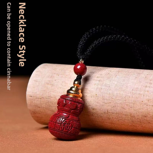 Cinnabar Fu Gourd Feng Shui Amulet Pendant Necklace – Symbol of Good Luck, Protection, Positive Energy & Blessings