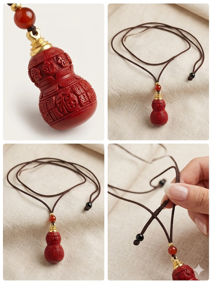 Cinnabar Fu Gourd Feng Shui Amulet Pendant Necklace – Symbol of Good Luck, Protection, Positive Energy & Blessings