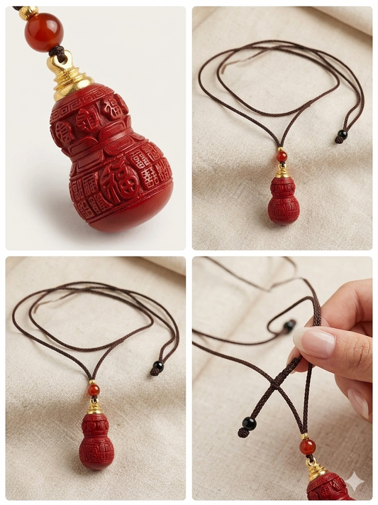 Cinnabar Fu Gourd Feng Shui Amulet Pendant Necklace – Symbol of Good Luck, Protection, Positive Energy & Blessings