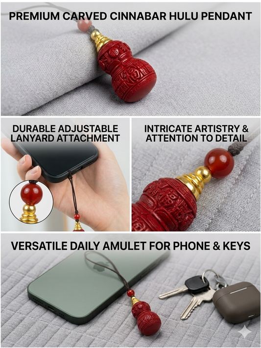 Cinnabar Fu Gourd Feng Shui Amulet Phone Charm – Symbol of Good Luck, Protection, Positive Energy & Blessings